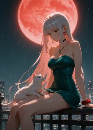 girl alone, (cold green color-grading), cold green tone lighting, (light red hair), long straight red color hair, white hair, strapless mini dress, green dress with vertical stripes, on long bridge, perfect body, skinny, medium breasts, (red scrunchie on one wrist), black choker necklace, large thin hoops, (big green eyes), asian face, sitting on railing, white cat on railing, adult, neutral skin tones, nighttime, raining, large red moon behind head