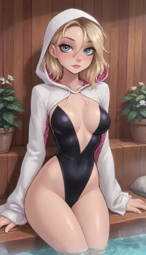(innv meets jack cayless style), (reiq style, masterpiece, cel-shaded, limited color palette), ((Beautiful Sexy spider Gwen Stacy from marvel rivals game body)), (1girl, solo, alone, 21 year old woman), ((1girl, solo, alone, 21 year old woman body)), (gorgeous, seductive face, mature, ads, perfect breast, perfect hands, perfect legs, small waist, thick thighs, hips, big ass, sweaty body), (sweaty tight small white pink black spandex Gwenom swimsuit bar), (tight small white pink black spandex Gwenom swimsuit thong), (green tennis shoes with white laces), (standing tomboy workout pose), (sauna, steam, summer, beach, tropical, flowers, plants, sauna background), ultravio let light, LoL, Style, ratatatat74, 0zy, <lora:mk_Bp Anime_xl:2>, <lora:Spider-Gwen:2>, <lora:cartoon_stickers_xl_v1:2>, <lora:ratatatat74-000050:2>, <lora:0zy:2>