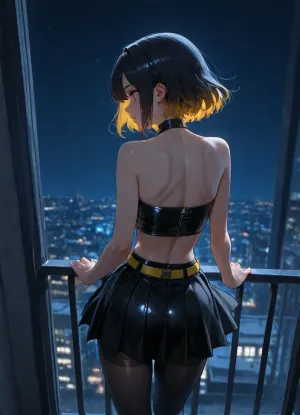 girl alone, skinny, perfect body, (cold blue color-grading:1.2), indigo blue tone lighting, short hair, (black dark hair:1.2), light-yellow hair-ends, neutral skin tones, beautiful face, big eyes, (face visible:1.2), looks backwards, (view from behind), black pleated flared mini skirt, (black skirt), skirt above-knee, soft satin-matte fabric skirt, light-yellow belt, black glossy leather halter crop top, high mock neck, sleeveless, bare shoulders, wide band hem, standing, leaning, at apartment, on balcony, nighttime, black transparent pantyhose, wind, adult
