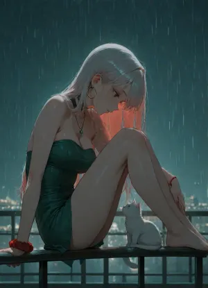 girl alone, (cold green color-grading), cold green tone lighting, (light red hair), long straight red color hair, white hair, strapless mini dress, green dress with vertical stripes, on long bridge, perfect body, skinny, medium breasts, (red scrunchie on one wrist), black choker necklace, large thin hoops, (big green eyes), asian face, sitting on railing parallel to it, legs on railing, white cat on railing, side view, adult, neutral skin tones, nighttime, raining
