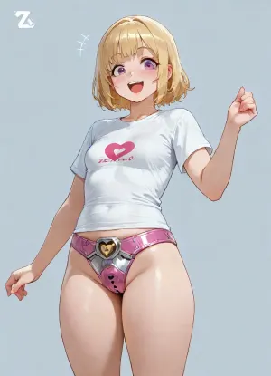 high quality, blue empty background, (chastity belt commercial), woman, short blonde hair, plump, (), blushing, (small breasts), (white t-shirt with company logo), (futuristic pink chastity belt with heart-shaped metal lock), (standing, excited, dynamic, (), happy, smile), thumb up
