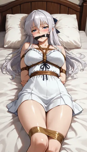 1girl, suou yuki, (alya sometimes hides her feelings in russian), silver hair, tied to bed, chains, lying on bed, gag, (adhesive tape), summer outfit, blush, gentle breeze, detailed face, cinematic composition, anime style, ultra detailed, best quality, masterpiece, 4k, ((improve_image))