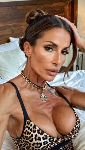 Lying in bed, leopard dress, close up, photoshoot posing, ballerina, ((old, 50yo)), handcuffed, choker, tattoos, sexy neck, ((old brown hair mom woman)), (tan skin), (skinny muscle:1.3), (beautiful Mexican instagram model face), (fit body), very beautiful, perfect skinny body, perfect face, looking at the camera, perfect eyes, (skinny fit), pretty, snub-nosed, long hair, 4ng3l, face, bmbplora, <lora:clothed_small:1.8>, <lora:SDXL_BetterFaces-LoRA_v1:.8>, <lora:bimboxl_02:.8>