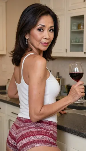 rear view Photo of sexy cute beautiful petite 65 year old Filipina granny, slutty cougar type, ((oval face)), ((full cheeks)), Asian eyes, ((big broad mouth, glossy lips)), (((raised eyebrows))), ((round high arch eyebrows)), (((smoky cateye makeup))), long fake eyelashes, ((black long hair)), ((((wrinkles on face face)))), (((aged face and body))), dark Brown eyes, soft features, flat nose, (((very small petite body))), ((rear view shot from behind standing in a mansion kitchen at night looking back at viewer, holding a wine glass)), (((wearing a skimpy low cut white ribbed tank top and high waisted bohemian print pajama shorts)), (very big round fake tits), smoldering expression, (shot from behind))