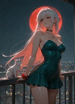 girl alone, (cold green color-grading), cold green tone lighting, (light red hair), long straight red color hair, white hair, strapless mini dress, green dress with vertical stripes, on long bridge, perfect body, skinny, medium breasts, red small shorts, (red scrunchie on one wrist), black choker necklace, large thin hoops, (big green eyes), asian face, near railing, white cat, adult, neutral skin tones, nighttime, raining, strong wind, large very big red moon behind