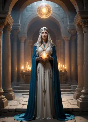 Wizard School, a mysterious elven sorceress holding a glowing crystal orb in both hands, stands in an ancient stone temple lit by flickering torches. nude, wearing a celeste wizard cloak, pointed wizard hat, ornamented with embroidery and golden jewels, silver long hair, firm breasts, shaved pussy. Her piercing blue eyes glow faintly as she gazes at the orb. The setting is dark and mystical, with arched ruins and magical symbols engraved on the walls. The character is detailed in a high fantasy style. Angled at eye level. The art style is cinematic realism with a high level of detail