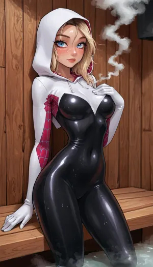 (innv meets jack cayless style), (reiq style, masterpiece, cel-shaded, limited color palette), ((Beautiful Sexy Spider Gwen from marvel rivals game body)), (1girl, solo, alone, 21 year old woman), ((1girl, solo, alone, 21 year old woman body)), (gorgeous, seductive face, mature, ads, perfect breast, perfect hands, perfect legs, small waist, thick thighs, hips, big ass, sweaty body), (Spider Gwen iconic white pink and black latex spider full-bodysuit), (Spider Gwen iconic white pink and black latex spider mask), (posing), (in sauna, steam, smoke, background), ultraviolet light, LoL, Style, <lora:mk_Bp Anime_xl:2>, <lora:LCMTurboMix_Euler_A_fix:2>, <lora:Spider-Gwen:2>
