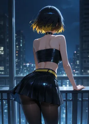girl alone, skinny, perfect body, (cold blue color-grading:1.2), indigo blue tone lighting, short hair, (black dark hair:1.2), light-yellow hair-ends, neutral skin tones, beautiful face, big eyes, (face visible:1.2), looks backwards, (view from behind), black pleated flared mini skirt, (black skirt), skirt above-knee, soft satin-matte fabric skirt, light-yellow belt, black glossy leather halter crop top, high mock neck, sleeveless, bare shoulders, wide band hem, standing, leaning, at apartment, on balcony, nighttime, black transparent pantyhose, wind, adult