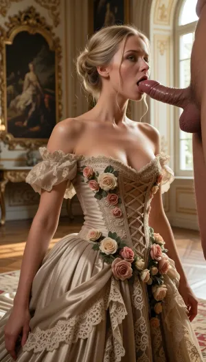 masterpiece best quality, highres, (realistic skin texture:1.2), 28yo adult female, elegant blonde hair in a refined updo, wearing an opulent haute couture gown featuring an intricate lace-up corset bodice, clustered floral rose adornments on the right hip, and a voluminous tiered draped skirt with ornate lace trimming, primary biological male 35yo standing before her, [Anchor], kneeling on floor, lips thoroughly wrapped around thick veiny shaft, deep oral penetration, glistening saliva at the corners of the mouth, cheeks slightly hollowed from suction, focused gaze, opulent baroque drawing room background, soft golden hour sunlight filtering through tall windows, medium side-profile shot to capture dress detail and facial interface, 8k resolution, Kodak 35mm film, highly detailed fabric textures