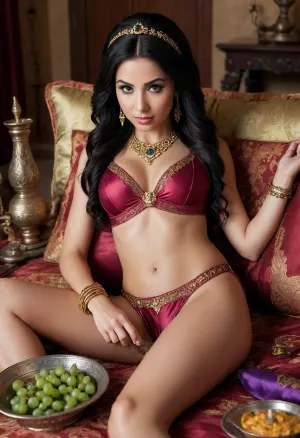 Cinematic actress princess jasmine, Oriental girl, 25 years old, black hair, half a pack of braid, diadem, bracelets on the wrist and ankle, concubine of the sultan, in silk outfits, spread legs, open vagina and anus, intimate haircut, lying on pillows, legs behind the head, next to a hookah and a dish of grapes. Well-proportioned figure, Fine facial details, A cinematic shot, 8k, best quality