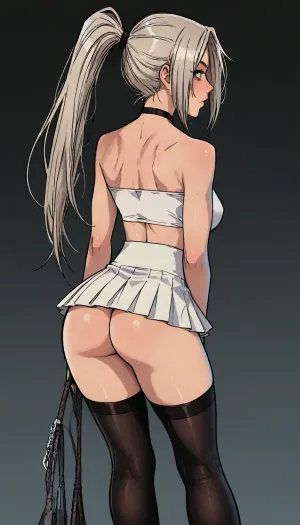 (1 girl solo), ((1 girl)), white hair, long hair ponytail, ((Insanely hot skinny college student)), (sexy abs:1.2), (face turned out:1.5), (navel piercing), (bend her knees:1.3), (low-waisted leather micro skirt), (ass exposed), (white crop top), (white sneakers), (clubfoot:1.3), (athletic body:1.3), ((white pleated micro skirt:1.3)), (athletic back:1.2), ((rear view:1.8)), (hip gap:1.3), (club foot:1.3), ((narrow waist:1.7)), (erected nipples:1.2), ((perky medium tits)), (horny face), (black choker), (rounded ass:1.5), ((black stockings)), (garters:1.2), (long legs), (slutty outfit), ((Melkor mancin meet markgavatino style)), reiq style, ratatatat74, SamDoesArts, <lora:LCMTurboMix_Euler_A_fix:1.1>, <lora:ratatatat74-000050:1.8>, <lora:mk_Bp Anime_xl:1.2>, <lora:焦茶_XL:2>, <lora:SDXLSamDoesArts:1.6>