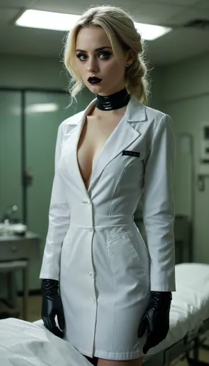 Gorgeous young goth medical examiner, in a creepy morgue, black lipstick, white medical coat, tight black cotton dress, black high heels, large veiny breasts, (((cleavage))), (beautiful), pale white skin, holding a scalpel, black rubber gloves, body bags, beautiful, angry expression, gorgeous, annoyed, harsh florescent light, green eyes, <lora:MJ52:.8>