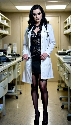 Sexy goth medical examiner, in a creepy morgue, black lipstick, white medical coat, lacy black dress, black high heels, black stockings, holding a scalpel, harsh florescent light, <lora:LCMTurboMix_Euler_A_fix:.8>