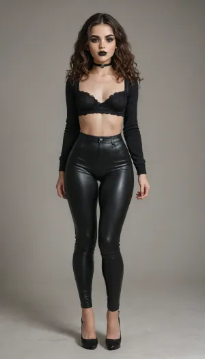 Full body view Sexy woman, long wavy brown hair, small breasts, wide hips, thick thighs, thick ass, 5 foot tall, goth makeup, black lipstick, choker, tight leather pants, black heels, bra, horny face, (petite face), <lora:add-detail-xl:2>