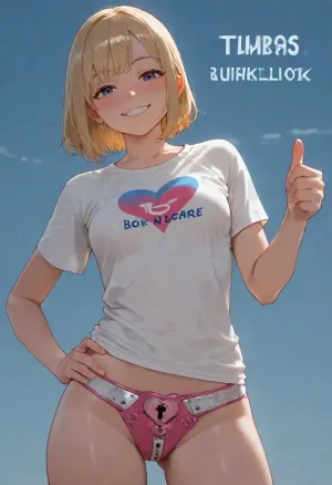 commercial poster, empty blue background, woman, (blushing, (blonde), (small breasts), (t-shirt), (futuristic pink chastity belt with large heart shaped lock:1.3), happy, smile, thumbs up), zoom to lock