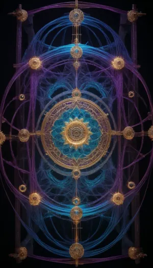 Generate a singular, hyper-detailed, and awe-inspiring image depicting a monumental, celestial loom suspended in a dark, infinite void. At the center of the loom, an ethereal, multi-armed quantum artisan, (evoking the ancient weaver archetype), manipulates glowing, UV-reactive threads that represent the probability waves of alternate timelines. The entire web is illuminated exclusively by a focused 365nm UV beam, causing the quantum silk to fluoresce into intricate mandalas of sacred geometry, galaxy clusters, and branching timelines in neon gold, quantum turquoise, and deep ultraviolet purple.