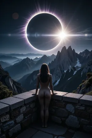 A breathtaking cinematic wide shot of a stunning woman seen from behind, standing at the edge of a rustic stone observation deck. She is silhouetted against a dramatic solar eclipse, where the moon perfectly covers the sun, casting a mystical, glowing corona of ethereal white and soft violet light across the dark sky. She is looking out over a vast, majestic mountain range that stretches to the horizon, with jagged peaks partially shrouded in thin, atmospheric mist. The color palette features deep indigos and charcoal grays of the twilight sky contrasting with the brilliant, halo-like radiance of the eclipse. The atmosphere is serene, awe-inspiring, and silent. Photorealistic, 8k resolution, highly detailed textures on the stone railing and the woman's hair, cinematic lighting, wide-angle lens, shot on 35mm film, sharp focus on the horizon, evocative and epic composition.