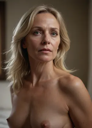 an hyper realistic portrait of a 50yo mature naked woman with medium flowing blonde hair cascading down her shoulders and around her face, caught mid-motion against a bedroom background, she stands bare-skinned before the scene, bathed in soft, diffused light creating a dreamy atmosphere throughout the composition, her expression is serious yet captivating as she looks at from the viewer with eye contact, the overall mood is one of introspective mystery and delicate beauty, with highlights on her skin texture enhancing its realism against the background, photorealistic, hyperrealistic art, extremely high-resolution details, photographic, realism pushed to extreme, fine texture, incredibly lifelike, absurdres, masterpiece, 8k, high detail, intricate, best quality