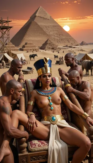 Masterpiece, ultra-photorealistic cinematic realism, ancient Egypt at a blazing desert sunset, monumental scale, uncompromising detail. In the extreme foreground, a 23-year-old Pharaoh queen reclines gracefully on layered silk cushions inside an ornate carved wooden palanquin. Two thick, smooth, cylindrical wooden carrying poles extend from the front and rear of the litter. Exactly four human male carriers with shaved heads, one positioned at each corner, support these poles firmly on their shoulders, their muscular shoulders, upper backs, hands, and partially visible heads clearly communicating physical weight, coordinated movement, and royal procession. No bears anywhere in the scene. The queen remains the absolute focal point, slender, athletic, regal, deep bronze skin, subtle ceremonial tattoos, tack-sharp eyes, visible pores, natural skin microtexture, crisp eyelashes and realistic facial detail. She wears a tall blue-and-gold Egyptian ceremonial crown with royal uraeus ornamentation. Her lower body is wrapped in an elegant, finely pleated ivory linen cloth draped around her hips, secured by a broad royal gold belt richly set with large iridescent opals and intricate engraved details. Elaborate gold-and-opal body jewelry rests naturally against her skin, a segmented ceremonial necklace begins around her neck and descends vertically across her upper torso toward her navel, each articulated gold section decorated with luminous opals, realistically following the contours of her body. Heavy gold armlets, bracelets and rings complete the royal ensemble. Behind her rises a colossal half-finished pyramid surrounded by ramps, scaffolding, timber lifting structures, thousands of workers, sprawling tent settlements, workshops, carts, stone sledges, oxen, donkeys and several distant elephants working within the vast construction site, all softened by atmospheric depth. Dense sand and suspended dust fill the air. A low ember-red sun burns through the haze, producing intense heat shimmer, volumetric light shafts, fiery amber highlights, deep underexposure, hard shadows, extreme micro-contrast, cinematic HDR, controlled bloom, razor-sharp facial focus, 35mm full-frame optics, shallow depth of field, subtle analog film grain, museum-grade textures, epic historical grandeur.