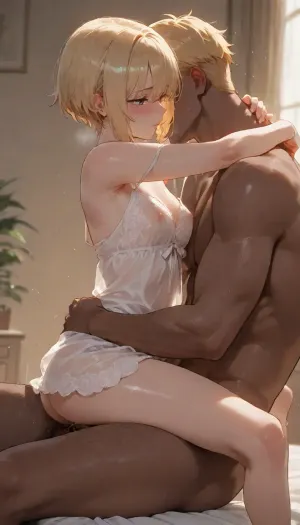 (blond short hair), (skinny), (small tits), (dark skin girl), (purple eyes), (hairy pussy), <lora:Tan_Pokemon_Anime_style_girl:.8>, <lora:aesthetic_anime_v1s:.8>, the girl is sitting on the lap of a skinny tall dark-skinned man facing him, she wears a Sexy Transparent Lace Nightgown, lotus sex position, her legs wrapped around his waist, intimately penetrated while facing each other, side view, both nightgown straps slip off both shoulders, the upper chest part of her nightgown is pulled down exposing both of her breasts, tits partially visible, small breasts, small tits, her arms tightly hugging his neck, she is ashamed, shy and blushing, focus on the girl