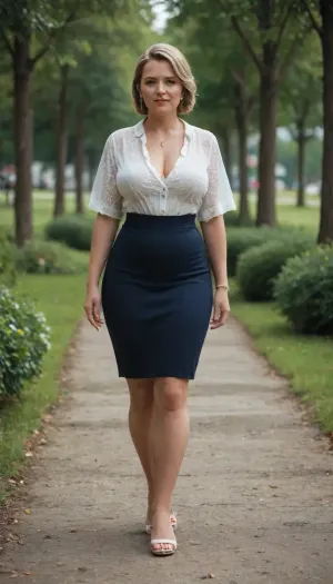 spectacular 60-year-old MILF, elegant feminin summer clothing, mini skirt, walking through the park on a bright day, front view, full body