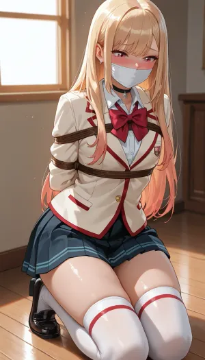 (masterpiece, best quality, highres, photorealistic anime style), Marin Kitagawa from My Dress-Up Darling, petite build, flat chest, kneeling on a wooden floor in a sunlit room, wearing her school uniform, (white blazer with red trim, black pleated skirt, white shirt, red bow tie, white thigh-high socks, black loafers), her arms are bound tightly behind her back with thick brown ropes, her legs are bound at the thighs and ankles with the same ropes, she is wearing a beige fabric gag over her mouth, looking down with a shy, blushing expression, sunlight streaming through a window behind her, warm atmosphere, detailed ropes, explicit, nsfw.
