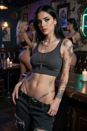 Photorealistic cinematic portrait of a confident 30 year old adult woman inside a grungy dive bar. She radiates effortless thirst trap energy, calm, grounded, sensual, artistic, and self-assured. dark makeup, black eyeliner, soft lips, long black hair, layered hair, direct seductive eye contact, relaxed confident stance. She wears a tight crop top, low-waist wide distressed dark pants, loose belt, her pants are hanging very low on her hips, the straps of her thong visible above her pants, the straps of her thong are sitting high on her waist, visible thong straps, simple rings, nose piercing, and layered silver necklaces, detailed jewelry, septum piercing, detailed piercings. Feminine artsy spiritual tattoos decorate her arms and collarbone, including fine-line moon phases, modern minimalist tribals, sacred geometry, occult imagery, and abstract goddess-inspired linework, detailed tattoos.

She is leaning against a dark wooden bar, Behind her, stylish adult women in elegant casual outfits flirt and socialize in soft focus. Upscale queer dive bar, intimate sapphic nightlife, candlelit tables, vintage mirrors, worn leather booths, subtle neon reflections, classy grunge mood. 85mm lens look, shallow depth of field, realistic skin, cinematic low light, fashion editorial photography, tasteful sensuality, magnetic lesbian presence.