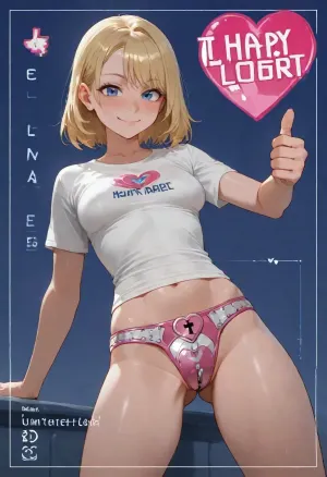 commercial poster, empty blue background, woman, (blushing, (blonde), (small breasts), (t-shirt), (futuristic pink chastity belt with large heart shaped lock:1.3), happy, smile, thumbs up), zoom to lock