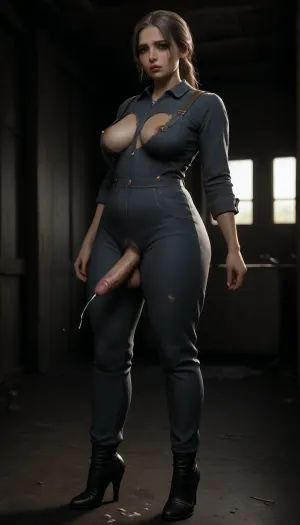 ((very fat and old futa)), solo, ((very old and fat futa cums)), very mature fat futa, very mature shemale, very mature futa with breasts and her own penis, very mature futa with her own penis and balls, (erection), penis, ejaculation, just finished, covered in cum, one leg high up, standing, lots of cum, smeared makeup, older woman's body, (expression lines on face and body), (dirty overalls unbuttoned), work overalls torn at groin, (sagging breasts), erect nipples, large nipples, (powerful orgasm on face), drooling from mouth, (just finished), ((wide thick thighs)), (gray hair), long gray hair, disheveled gray hair, gray pubic hair, freckles on face and body, (just cum), thick thighs, thick ass, high-heeled boots, very loud moans during orgasm, (in a dark abandoned workshop), full-length, (((shabby jumpsuit with suspenders))), (full-length), (photorealistic), (realistic), (neon lighting), 1D, seamless, 20D, <lora:Adjust_SDXL_v3.0:2>, <lora:detailed_notrigger:2>, <lora:dark:2>, <lora:CinematicStyle_v1:2>, <lora:add-detail-xl:2>