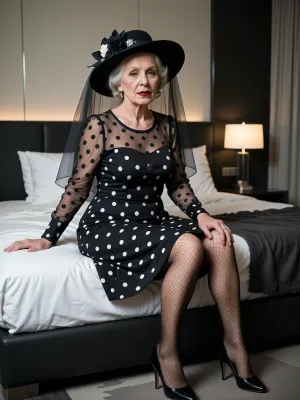 sitting in an elegant modern minimalist hotel bedroom, insanely detailed, fully furnitured room, (((beautiful extremely elder extremely aged real 100 year old grandma:1.9))), ((busty:1.9)), Precisely detailed realistic wrinkled skin, (chubby), light glossy mahogany lipstick, strong fancy party makeup, (((very simple knee-length ultra-minimalist round-neckline mouring dress with matching long sleeves))), ((fully sheer polka-dotted dress)), ((elegant luxury wide-brim dress-matching floral hat with matching veil)), (((rimlight shine-through the dress:1.9))), (chiaroscuro:1.9), matching tight-high fishnet stockings, matching high heels, (((wholehearthed kind lovely face))), eye-contact, 8K, greatly improved quality, insane resolution
