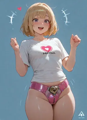 high quality, blue empty background, (chastity belt comeercial), woman, plump, (), blushing, (small breasts), (white t-shirt with company logo), (futuristic pink chastity belt with heart-shaped metal lock), (standing, excited, dynamic, (), happy, smile), thumb up