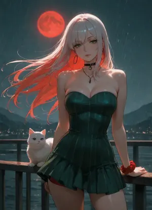 girl alone, (cold green color-grading), cold green tone lighting, (light red hair), long straight red color hair, white hair, strapless mini dress, green dress with vertical stripes, on long bridge, perfect body, skinny, medium breasts, red small shorts, (red scrunchie on one wrist), black choker necklace, large thin hoops, (big green eyes), asian face, near railing, white cat, adult, neutral skin tones, nighttime, raining, strong wind, large very big red moon behind