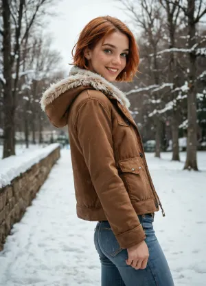 score_8_up, score_7_up, 21 years old, red head short hair, green eyes, detailed face, realistic, tanned skin, extremely beautiful, (skinny_girl:1.2), freckles, in a park, winter, snow, smiling, jeans, brown winter jacket, side view