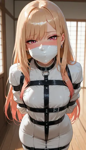 (masterpiece, best quality, highres, photorealistic anime style), Marin Kitagawa from My Dress-Up Darling, but with a petite build, flat chest, big on gag, layered on, over the nose gag, cloth gag, multiple gags, multiple cloths covering nose, puffy-cheeks, puffy cheeks, cheek bulge over nose, mouth covered, nose covered, nose bridge covered, different colored cloths, straitjacket, bound legs, masterpiece, ultra detailed