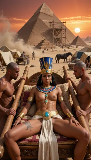 Masterpiece, ultra-photorealistic cinematic realism, ancient Egypt at a blazing desert sunset, monumental scale, uncompromising detail. In the extreme foreground, a 23-year-old Pharaoh queen reclines gracefully on layered silk cushions inside an ornate carved wooden palanquin. Two thick, smooth, cylindrical wooden carrying poles extend from the front and rear of the litter. Exactly four human male carriers with shaved heads, one positioned at each corner, support these poles firmly on their shoulders, their muscular shoulders, upper backs, hands, and partially visible heads clearly communicating physical weight, coordinated movement, and royal procession. No bears anywhere in the scene. The queen remains the absolute focal point, slender, athletic, regal, deep bronze skin, subtle ceremonial tattoos, tack-sharp eyes, visible pores, natural skin microtexture, crisp eyelashes and realistic facial detail. She wears a tall blue-and-gold Egyptian ceremonial crown with royal uraeus ornamentation. Her lower body is wrapped in an elegant, finely pleated ivory linen cloth draped around her hips, secured by a broad royal gold belt richly set with large iridescent opals and intricate engraved details. Elaborate gold-and-opal body jewelry rests naturally against her skin, a segmented ceremonial necklace begins around her neck and descends vertically across her upper torso toward her navel, each articulated gold section decorated with luminous opals, realistically following the contours of her body. Heavy gold armlets, bracelets and rings complete the royal ensemble. Behind her rises a colossal half-finished pyramid surrounded by ramps, scaffolding, timber lifting structures, thousands of workers, sprawling tent settlements, workshops, carts, stone sledges, oxen, donkeys and several distant elephants working within the vast construction site, all softened by atmospheric depth. Dense sand and suspended dust fill the air. A low ember-red sun burns through the haze, producing intense heat shimmer, volumetric light shafts, fiery amber highlights, deep underexposure, hard shadows, extreme micro-contrast, cinematic HDR, controlled bloom, razor-sharp facial focus, 35mm full-frame optics, shallow depth of field, subtle analog film grain, museum-grade textures, epic historical grandeur.