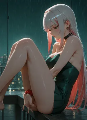 girl alone, (cold green color-grading), cold green tone lighting, (light red hair), long straight red color hair, white hair, strapless mini dress, green dress with vertical stripes, on long bridge, perfect body, skinny, medium breasts, (red scrunchie on one wrist), black choker necklace, large thin hoops, (big green eyes), asian face, sitting on railing parallel to it, legs on railing, side view, short red shorts, (gently touching her own pussy), adult, neutral skin tones, nighttime, raining