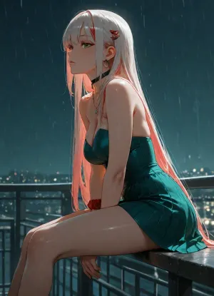 girl alone, (cold green color-grading), cold green tone lighting, (light red hair), long straight red color hair, white hair, strapless mini dress, green dress with vertical stripes, on long bridge, perfect body, skinny, medium breasts, (red scrunchie on one wrist), black choker necklace, large thin hoops, (big green eyes), asian face, sitting on railing parallel to it, legs on railing, side view, short red shorts, (arms between legs), adult, neutral skin tones, nighttime, raining