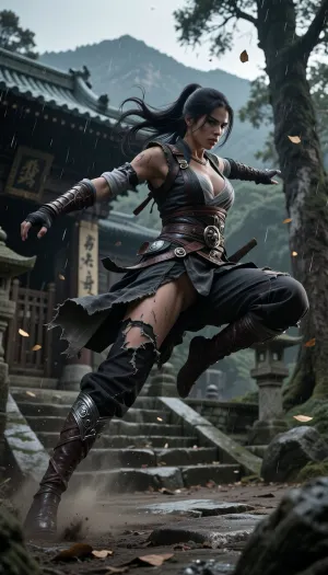 Masterpiece, best quality, ultra-detailed, ultra-realistic cinematic action photography, premium full-frame realism, dramatic low-key lighting, opulent shadow grading, deep blacks, powerful contrast, radiant rim light, sculpted directional lighting, subtle volumetric atmosphere, photorealistic textures, ultra-high fidelity materials, richly detailed fabric, weathered leather, forged steel, brushed metal, realistic stitching, scratches, dust, moisture, cinematic depth of field, subtle analog film grain, 8K realism, dynamic low-angle viewpoint from near ground level looking upward. An sexy assassin from Assassin’s Creed Shadows with long dark hair frozen mid-air in a powerful combat leap. She wears traditional assassin clothing, fabric torn and battle-worn, flowing naturally through the motion, slightly visible tits, Every fold of cloth, leather strap, buckle, and metallic detail rendered with exceptional realism. Her hair streams behind her with lifelike motion, while her determined expression and athletic body language communicate speed, precision, and deadly focus. The background shows a dramatic feudal Japanese setting with ancient temple architecture, weathered stone steps, wooden gates, banners, towering trees, drifting leaves, and mountain silhouettes. Tiny particles of dust and rain suspended in the air. The perspective exaggerates scale and momentum, making the assassin appear heroic and unstoppable, with focus and extraordinary detail creating a timeless photorealistic cinematic masterpiece.