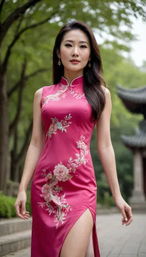 In the front, a 50 years old Chinese woman with long flowing hair is elegantly standing outdoors. She is wearing a short Chinese-style qipao, which makes her figure more slender. Her long hair falls naturally, adding a touch of feminine beauty. Her posture is elegant and calm. She wears simple large earrings, which add brilliance to the overall look. She wears a pair of pointed stiletto heels on her feet, and the delicate and slender heels show her fashion taste.