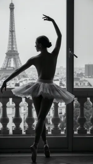 A stunning black and white photograph of a graceful ballerina captured from behind, standing on her tiptoes with arms elegantly extended. She wears a classic, layered tulle ballet tutu and pointe shoes. The ballerina is positioned in front of a large window or balcony, with a panoramic view of the Paris skyline in the background, featuring the prominent Eiffel Tower towering over the cityscape. The lighting is soft and cinematic, emphasizing the silhouette of the dancer and the iconic architecture of Paris. The image has a timeless, artistic, and melancholic atmosphere, fine art photography style, high detail.