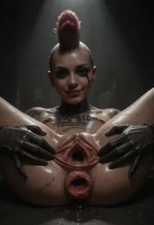 dirty oily punk girl lying naked at industrial location, punk gloves, rich in contrast, (dark industrial location:1.4), spotlight on girl leaning against machine, (machine oil on skin:1.1), (oiled glossy shiny skin:1.3), scratch marks on skin, wearing steampunk clothes, tattoos on body, Brown eyes, (colored Mohawk haircut:1.3), (angled leg exposes wet pussy), (showing gaping vagina:1.5), (big shaved open pussy), (seductive smile:1.5), (flirting face:1.5), (closed mouth:1.5), (dripping vagina:1.8), (anal prolapse:1.5), (spread pussy:1.5), hi-detailed pussy, perfect pussy, ((hyper gaping pussy, hyper gaping vagina, maigre, musclé, seins visibles, pussy visibles, big clitoris visibles, seins nus, HDR pussy, hyper spread pussy, doing standing gymnastics, hyper pussy juice dripping)), (thick lubricant is dripping everywhere:1.8), <lora:dark:.3>
