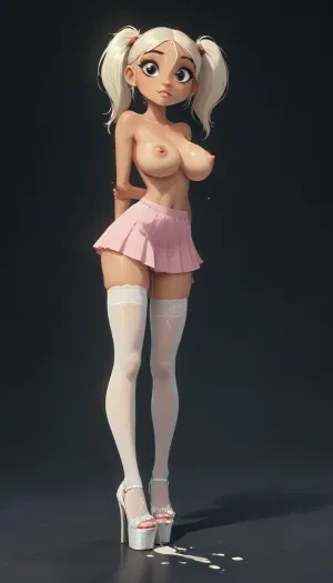 Jack Cayless art style, 18 years old woman, front low view, full body view, stand, cute, petite girl insanely sexy petite body, slender body, total black background, flash photography, showing off her beautiful body, perfectly huge breasts, nude breasts, (white stockings), short skirt, (white high heels with platform:1.5), ((blonde platinum hair twintails)), (cum on shoes:1.5), sweetegl, sweetop, swe3tjsk, j_cartoon, <lora:SweetLolitaXLv4.23:.8>, <lora:Animated_Concept:.8>, <lora:J_cartoon:.8>