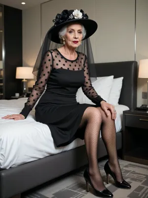sitting in an elegant modern minimalist hotel bedroom, insanely detailed, fully furnitured room, (((beautiful extremely elder extremely aged real 100 year old grandma:1.9))), ((busty:1.9)), Precisely detailed realistic wrinkled skin, (chubby), light glossy mahogany lipstick, strong fancy party makeup, (((very simple knee-length ultra-minimalist round-neckline mouring dress with matching long sleeves))), ((fully sheer polka-dotted dress)), ((elegant luxury wide-brim dress-matching floral hat with matching veil)), (((rimlight shine-through the dress:1.9))), (chiaroscuro:1.9), matching tight-high fishnet stockings, matching high heels, (((wholehearthed kind lovely face))), eye-contact, 8K, greatly improved quality, insane resolution