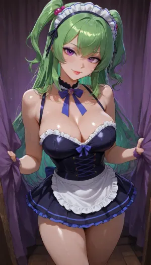 (oblique angle, Focus on cute dynamic pose highlighting her body curves), (((PUrple and blue French maid costume athlete skirt corset dress covers firm breasts but has a short hem, lithe fit athletic body))), ((firm medium breasts)), purple blue goth babe, (cute blue forest), ((sultry bitchy smile)), Dark eyeliner, long lashes, Purple eyeliner, red lipstick, 25 years old cutie, muscular toned fit girlfriend, (short petite height), warm strong lighting, thick blue eyeliner, strong athletic firm tits covered by dress, small firm size tits, neon green lovehotel, LHbedpanel, <lora:Lovehotel_SDXL_V1:.8>
