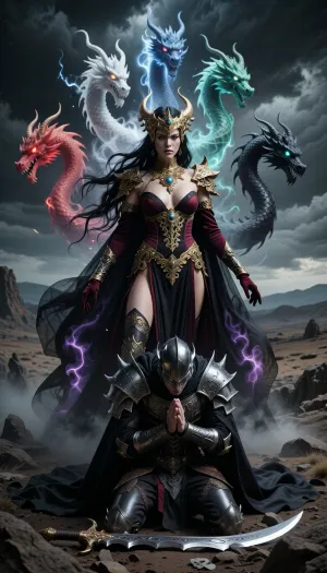 The majestic goddess Takhisis, (Dragonlance, AD&D), standing proudly in the center of a barren, rocky landscape beneath a stormy sky, with long, flowing black hair cascading down her back, pale porcelain skin, a sharp, beautiful face with a cold, solemn expression, wearing a golden crown with dragon horns, an exquisite dark red and black gown with intricate gold filigree embroidery, a deep neckline, and an ethereal cape blending into black-and-purple magical smoke, velvet gloves, heavy gold bracers and shoulder guards, and a massive gold necklace around her neck. Behind and above her rise five ethereal dragon heads with long necks—red, white, blue, green, and black—with brightly glowing eyes. In the foreground, a warrior in spiked Gothic armor, wearing a helmet that covers the upper part of his face and a dark cloak, kneels on the stony ground, his head bowed deeply in submission. His hands are clasped in a prayerful gesture, before him lies a heavy sword with a curved blade of intricate design. The impressive three-dimensional lighting, heavy dark clouds, cinematic composition, epic atmosphere of dark fantasy, and highly detailed textures make this a true masterpiece.