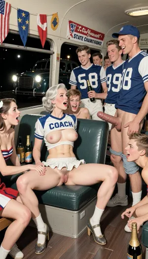 This is a very detailed colored pencil drawing in a classical illustrative style depicts a scene set in 1950s in USA, ((Night time, pitch black except for headlights coming in through the window, it is a very dark scene on the back seat of a vintage bus full of a young male youth football team, a beautiful very busty, very sexy old lady, 60yo skinny milf is sitting with her legs spread and her ruffle skirt is pulled up to show her hairy pussy. She is wearing vintage lady shoes, with a button up jersey that says "Coach" on it is coming undone to show round saggy boobs. Some very cute sexy cheerleaders are sitting right beside the lady, they're nude topless, they're trying to touch the lady's pussy and laughing. Cheerleader pussy oral sex. A couple young football players in uniforms stands next to the seat with huge cocks pulled out of their undone pants, they are smiling big. the teacher holding a big cock in her while she looks very horny. A bunch of other young team mates and cheerleaders are all watching intensely and are leaning in to see closer while some are drinking bottles of beer and bottles of champagne in their hands. Group sex, girls fucking cocks.)), in the background are flags and decorations and a banner that says, "State Champions!" The overall mood is intense, rendered in very fine expressive line work and subtle shading, evoking the style of 1950s satirical or moralistic illustrations.