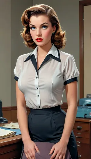 (in Mort Künstler art style), (in style of old vintage comics from 1930-1950s), competent secretary, 1950's outfit, sheer white blouse, (massive nipples sticking under clothes:1.2), black skirt, 1950's pinup style photo, (1950s entourage and setting:1.6), (1950s vintage color photography:1.6), full-body view, <lora:comix-000013:1.4>, <lora:CoMIX:1.4>, <lora:Comic_XL_V2:.5>, <lora:BUT_SDXL_SHS:1.4>