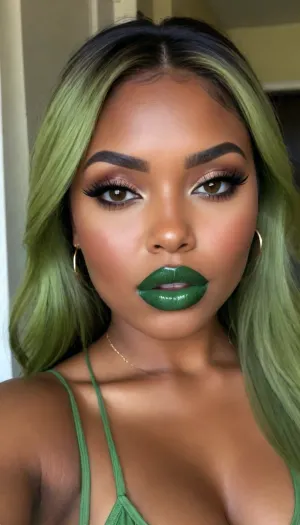 Insanely detailed photo of an 28 years old latin woman, dark skin woman, ((curvy body)), Close-up girl, ((round face)), (((brown skin))), (((full lips))), (((green olive lipstick))), small cute nose, standing, face, (((round medium breasts))), (((straight hair))), (((green olive hair))), (((oiled skin))), (detailed black eyes), (((slut makeup))), round earrings, green necklace, long big thick, (high resolution image), (perfect face), sexy, beauty, (ultra realistic:1.7), (maximum quality:1.5), (high resolution:1.7), (extreme detail:1.5), (ultra realism:1.6), 8k, he, photo was taken by Canon Eos, (maximum detailed skin:1.6), (((I was offended))), melanin, <lora:BUT_SDXL_SHS:.8>, <lora:melanin-XL:2>