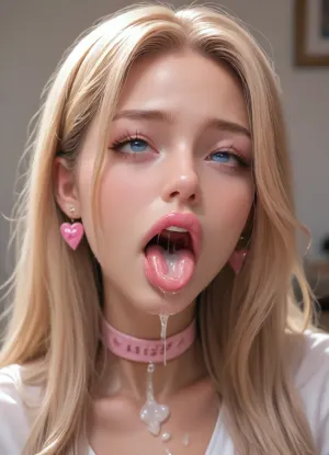 (long hair:1.5), earrings, (sexy:1.5), (ahegao:1.5), (tongue out), (photorealism:1.5), (bimbo:1.8), closeup, (drool:1.5), (cum:1.6), choker, rich