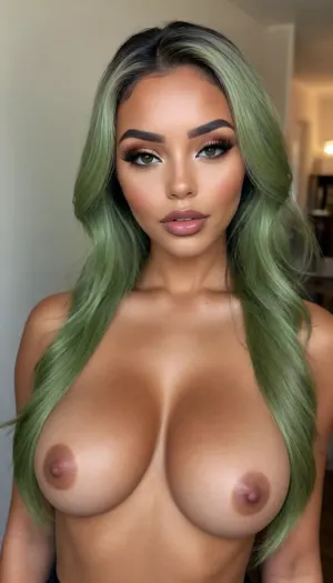 (1woman), 28 years old, ((curvy body)), Close-up girl, latin woman, ((round face)), (((brown skin))), (((full lips))), grey lipstick, closed mouth, small cute nose, standing, face, (((round medium breasts))), (((flat long olive green hair))), (((oiled skin))), (detailed black eyes), (((slut makeup))), long big thick, (high resolution image), (perfect face), sexy, beauty, (ultra realistic:1.7), (maximum quality:1.5), (high resolution:1.7), (extreme detail:1.5), (ultra realism:1.6), 8k, he, photo was taken by Canon Eos, (maximum detailed skin:1.6), (((I was offended))), melanin, <lora:BUT_SDXL_SHS:.8>, <lora:melanin-XL:2>
